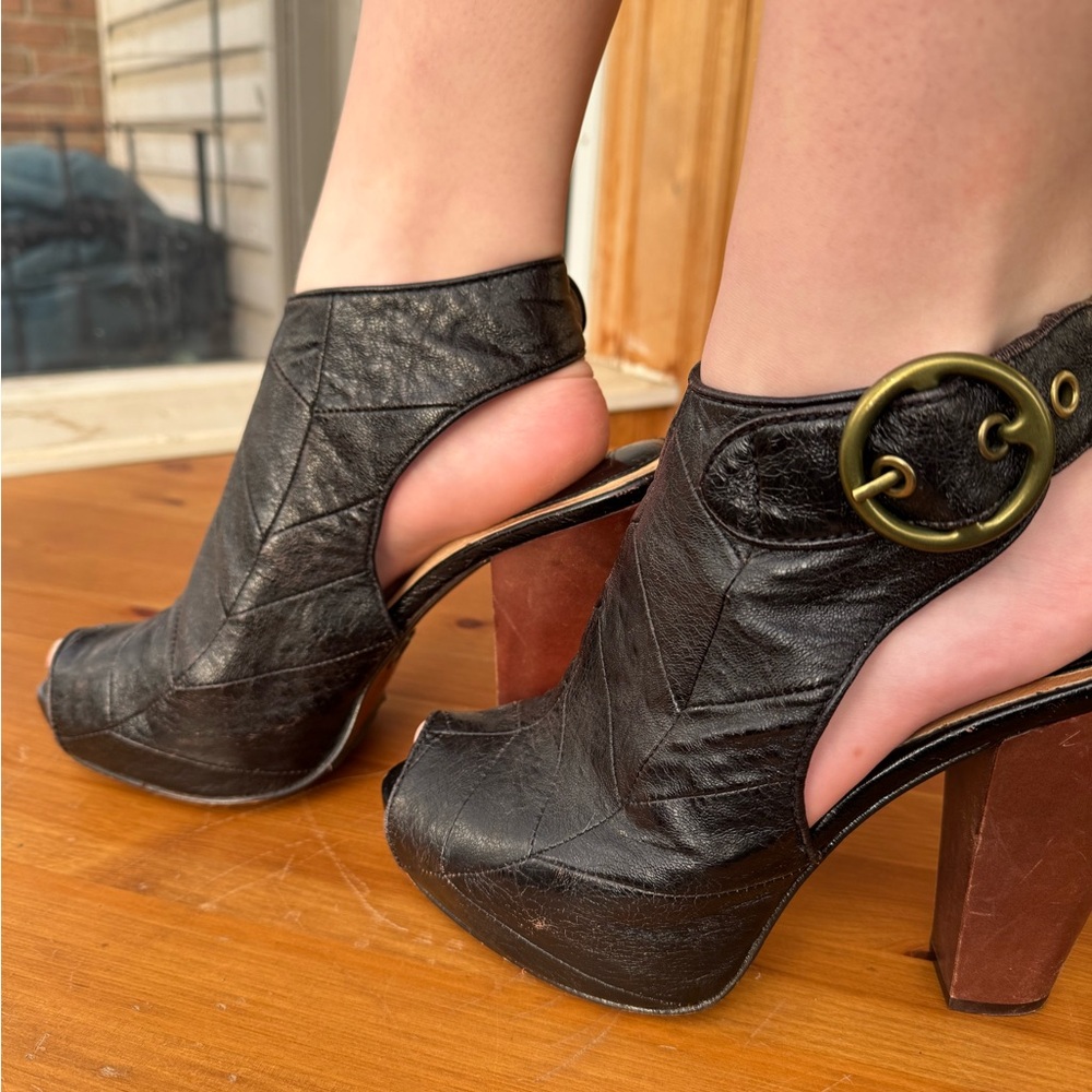 Frye Black Cutout Heels with Brown Platform